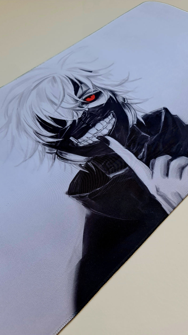 Mouse Pad Megarex Gamer 65x32x2mm Anime tokyo ghoul kaneki speed Branco Antiderrapante Borda Costurada Grande