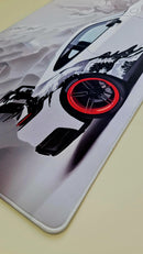 Mouse Pad Megarex Gamer 40x90x4mm Carro Esportivo Porsche speed Branco Antiderrapante Borda Costurada Grande